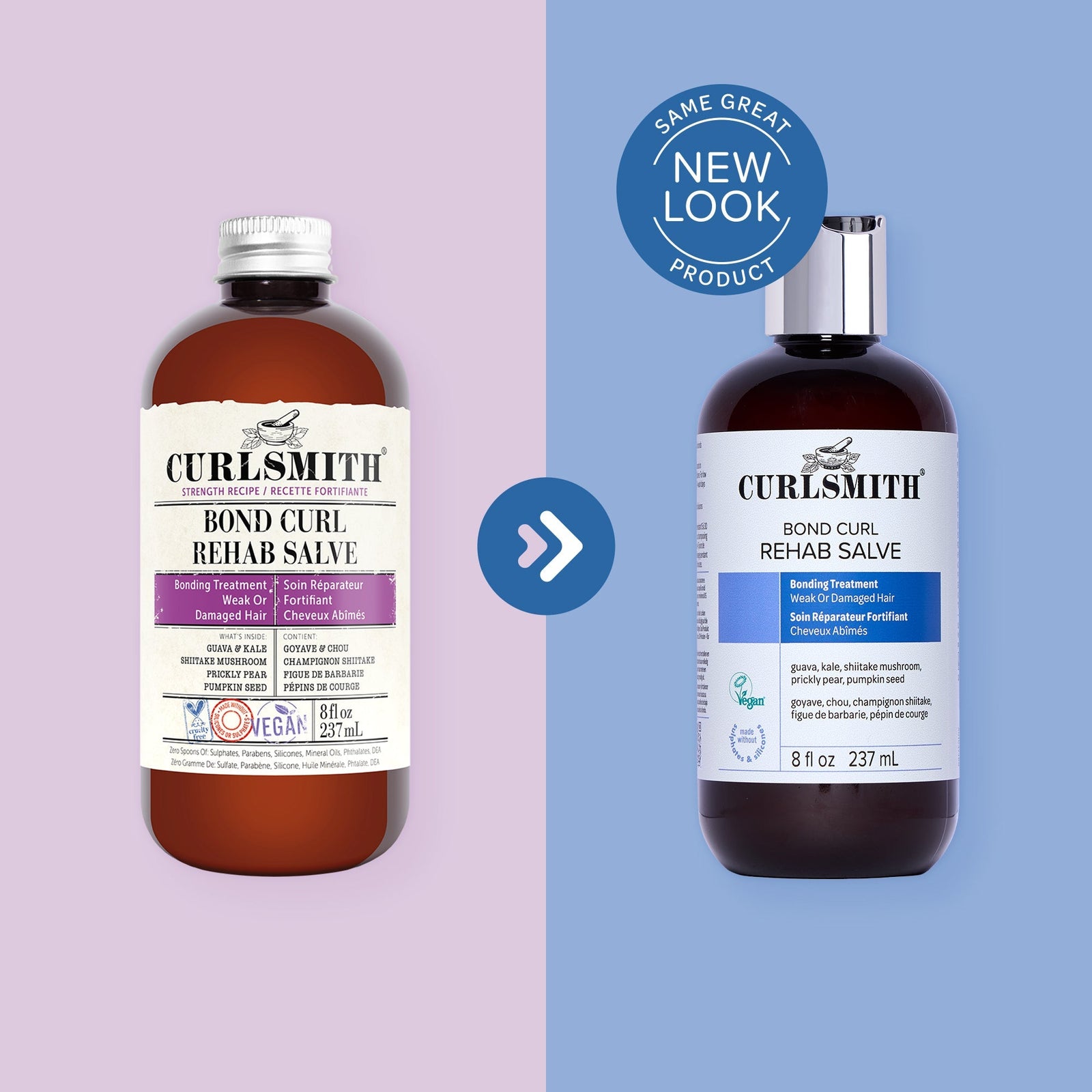 Two bottles of Curlsmith Bond Curl Rehab Salve on a split background with a 'Same Great Product' badge.