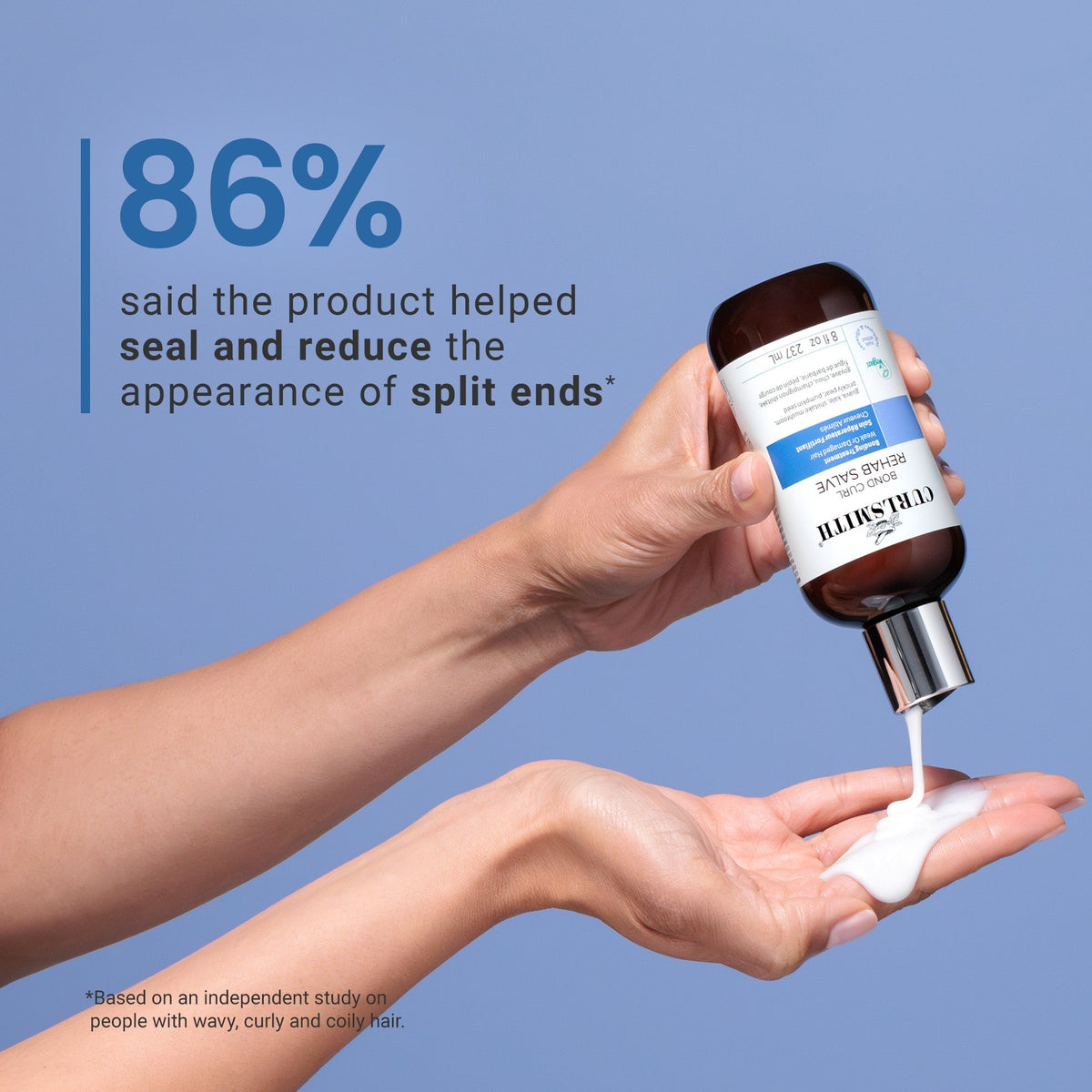 Hand holding a bottle of hair care product with a dropper, against a blue background.