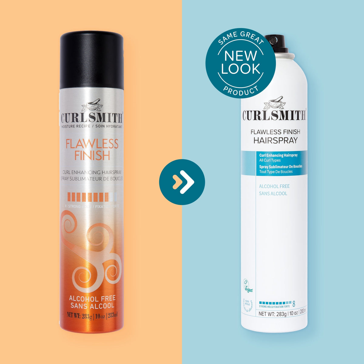 Two bottles of Curlsmith hair spray on a split background with 'Same Great Product' and 'New Look' text.
