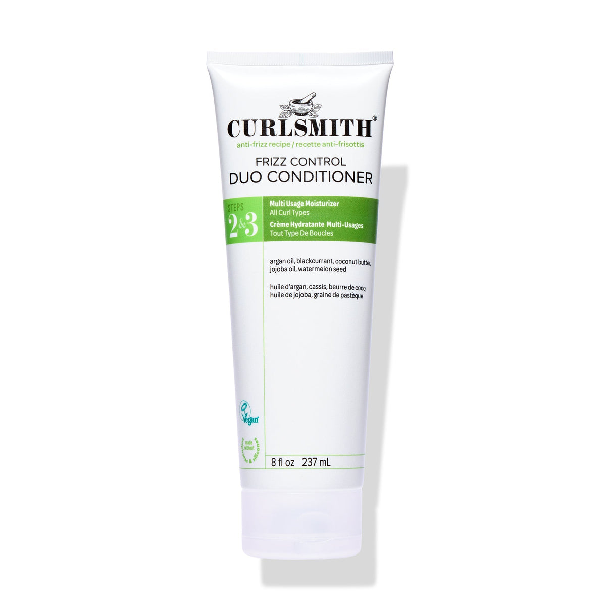 Curlsmith frizz control duo conditioner tube on a white background