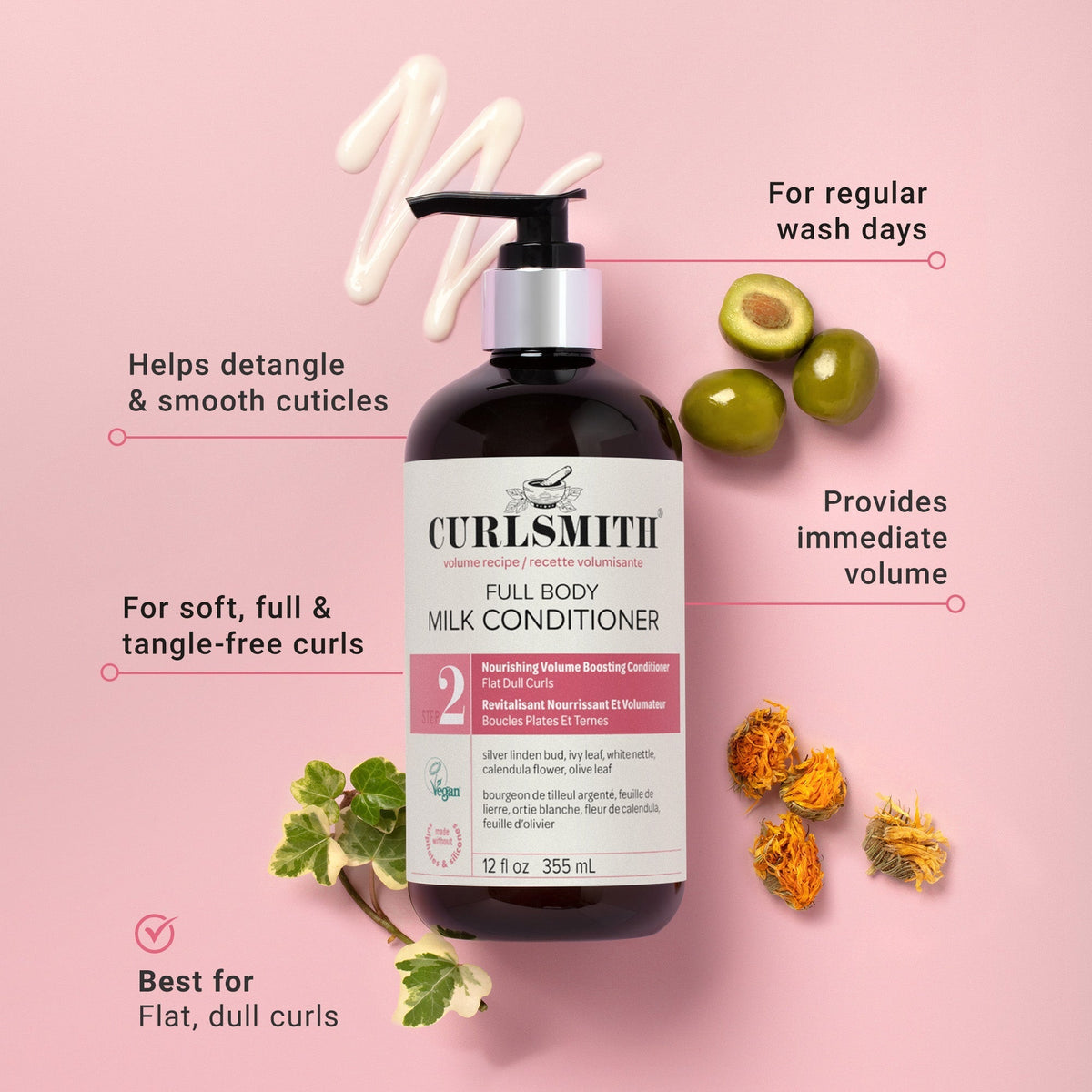 Curlsmith Full Body Milk Conditioner bottle with text on a pink background