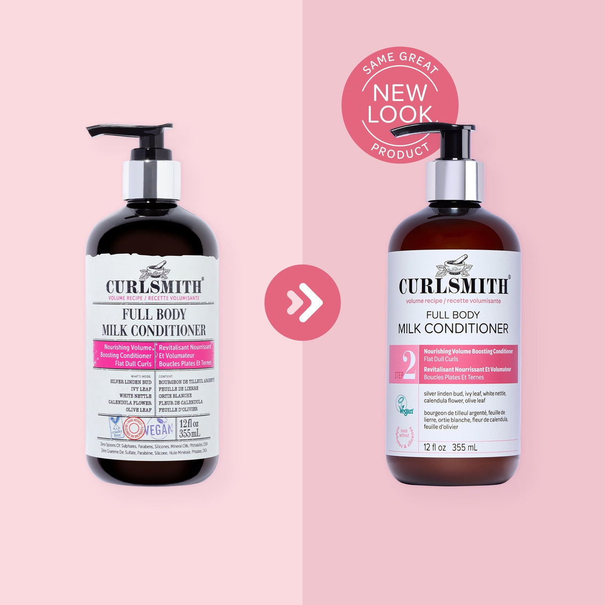 Two bottles of Curlsmith Full Body Milk Conditioner on a pink background with a 'Same Great Product, New Look' label.
