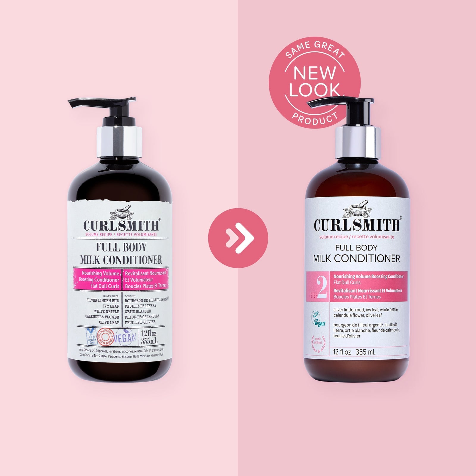 Two bottles of Curlsmith Full Body Milk Conditioner on a pink background with a 'Same Great Product, New Look' label.