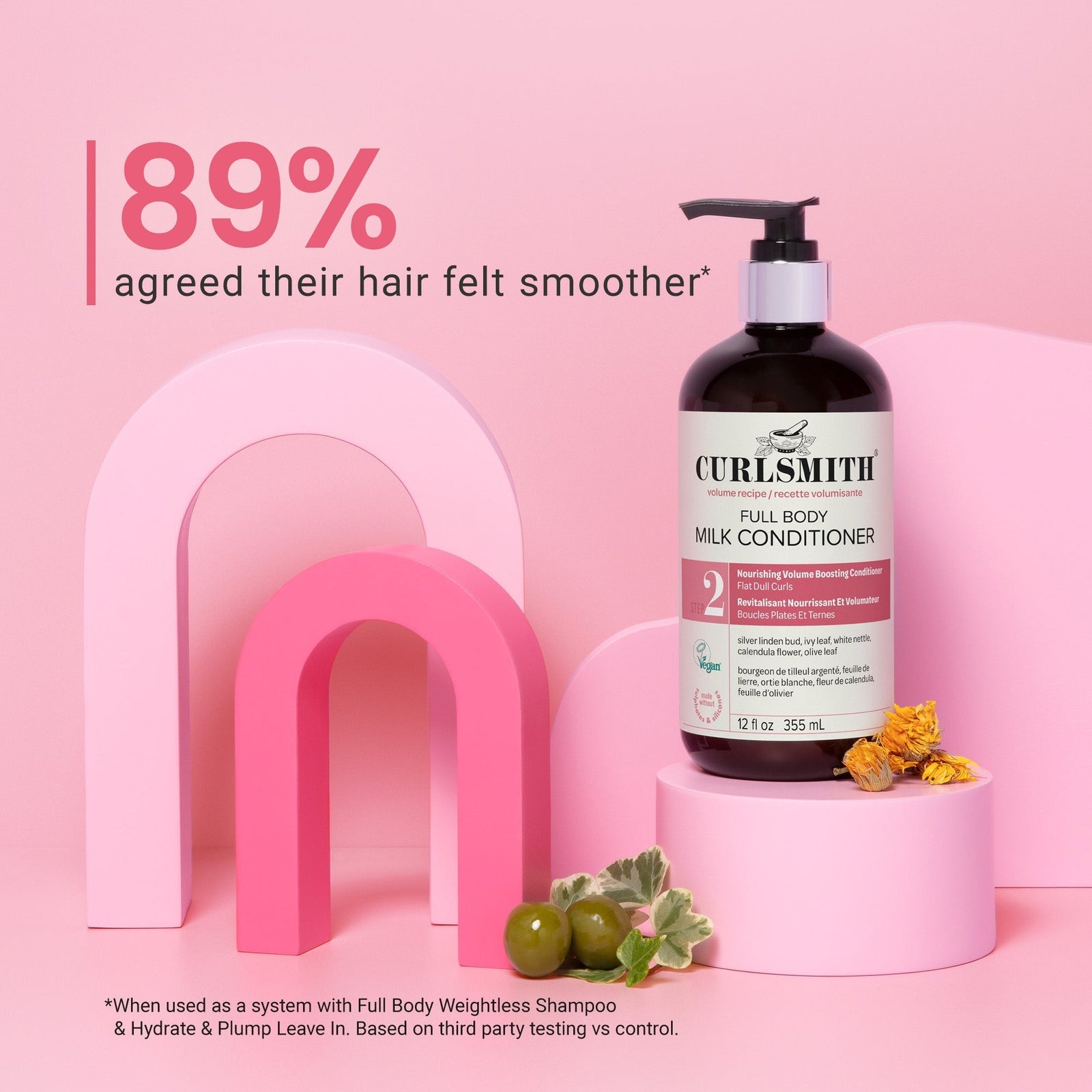 Curlsmith full body milk conditioner bottle on a pink background with text about hair smoothness.