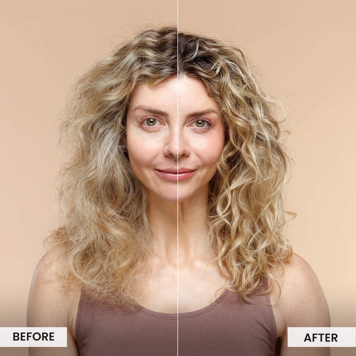 Before and after comparison of a woman with blonde hair on a beige background