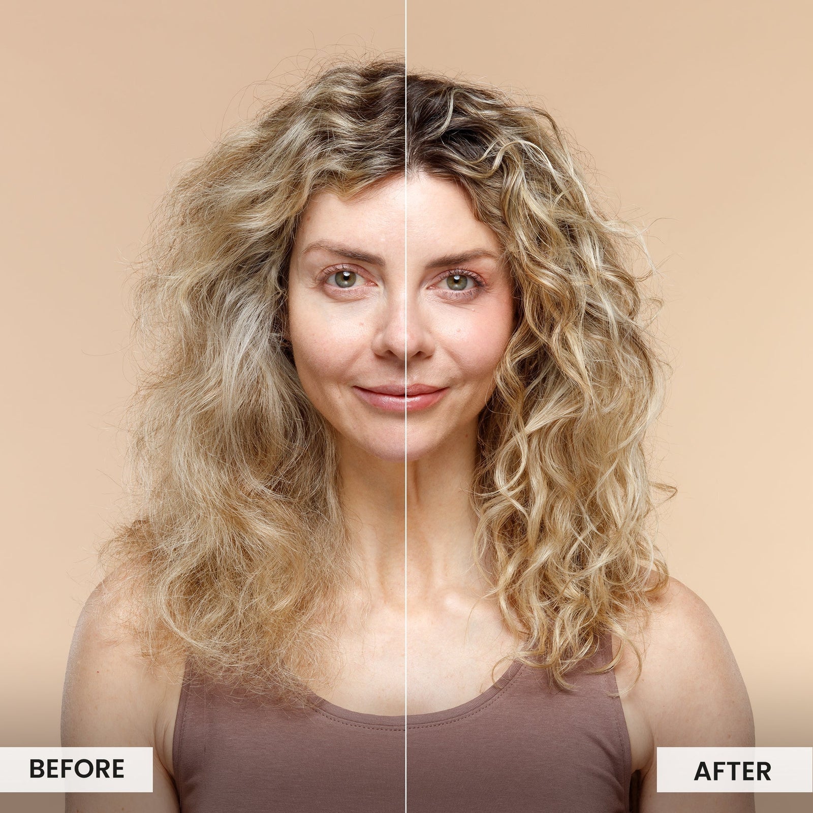 Before and after comparison of a woman with blonde hair on a beige background