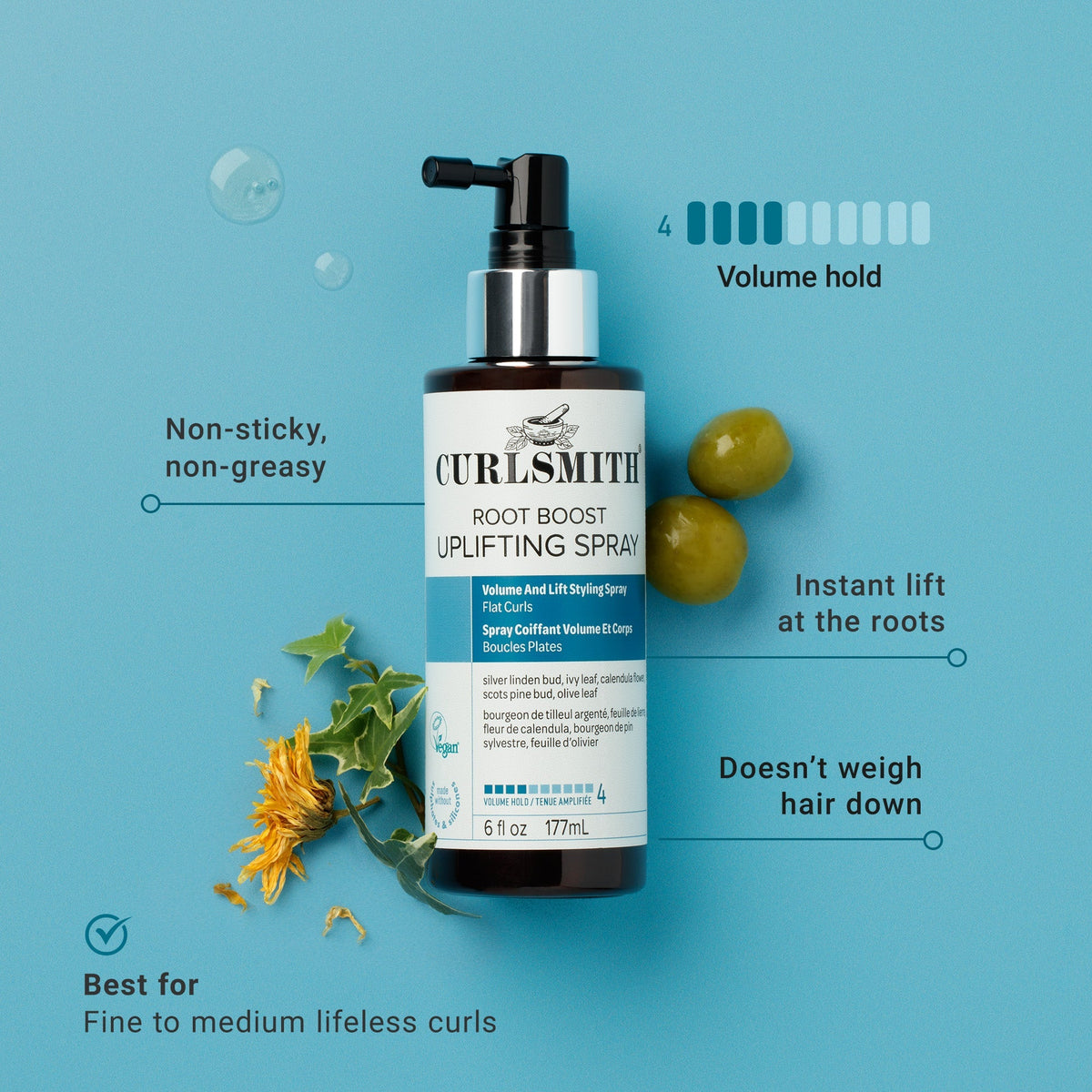 Curlsmith Root Boost Uplifting Spray bottle with features on a blue background