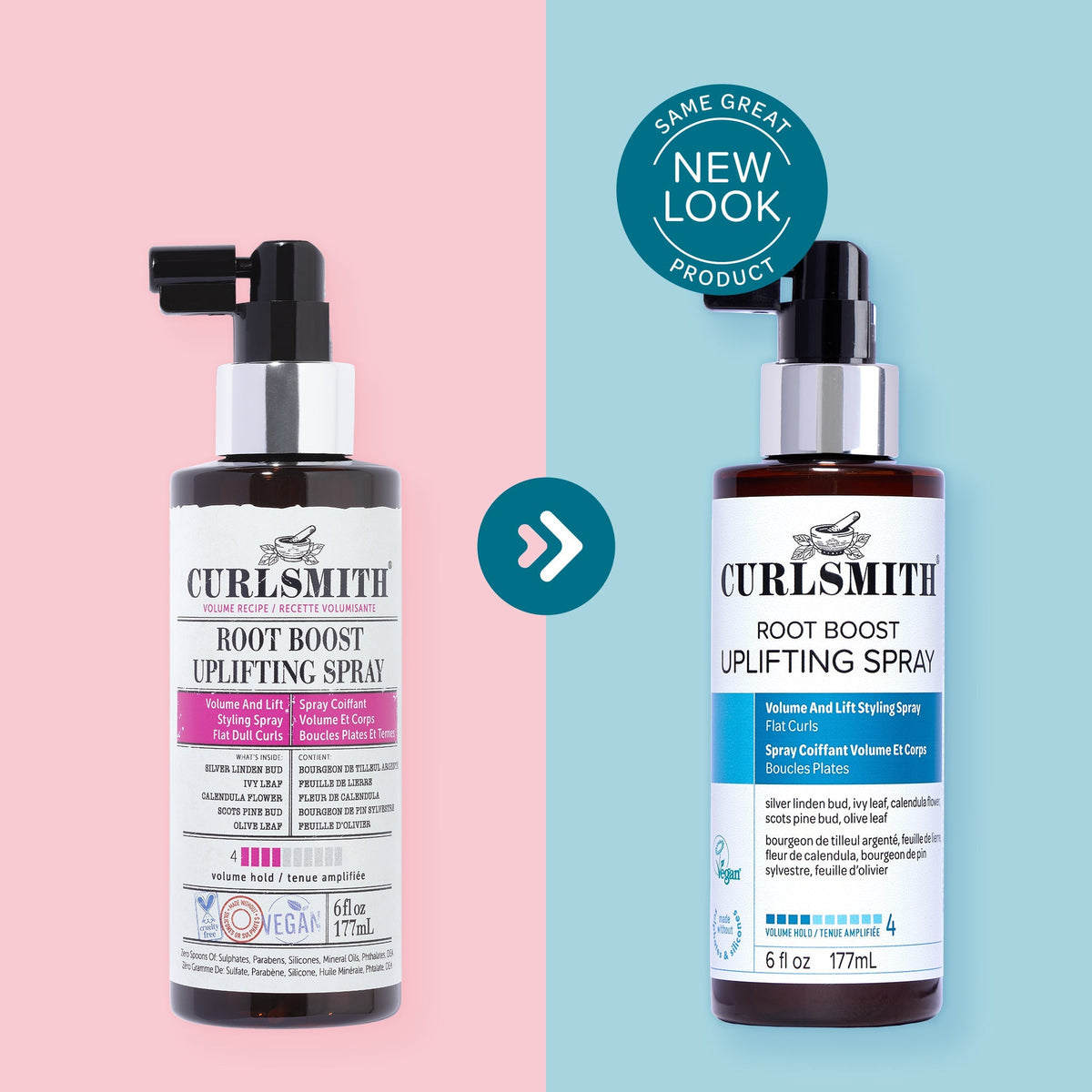 Two bottles of Curlsmith Root Boost Uplifting Spray on a pink and blue background with a 'Same Great Product, New Look' label.