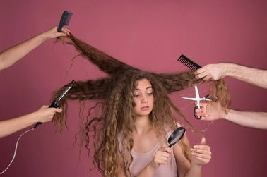 a woman with long hair and many hands holding scissors and combs