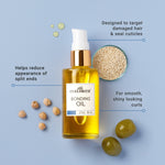 Bottle of Curlsmith bonding oil with text on a blue background