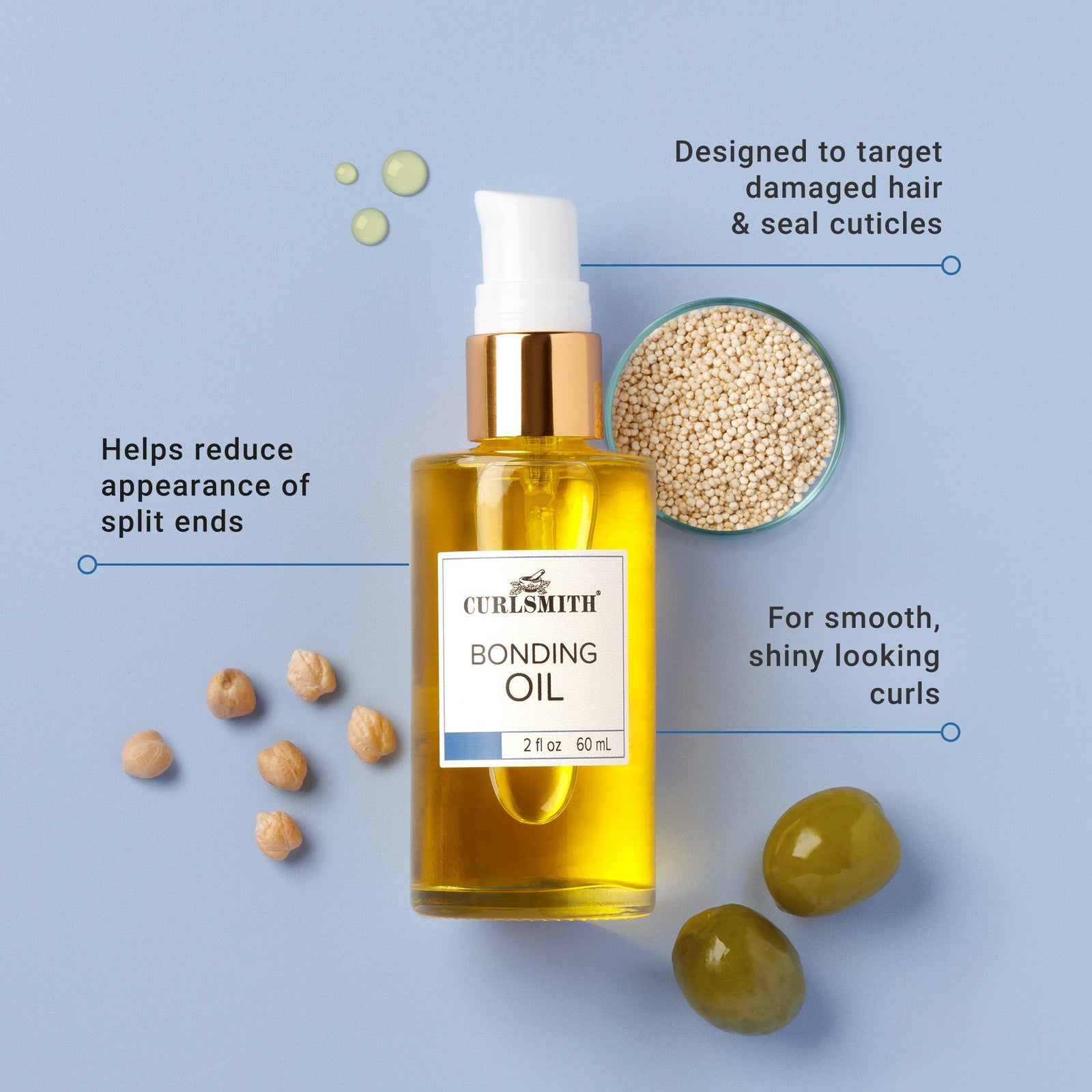 Bottle of Curlsmith bonding oil with text on a blue background