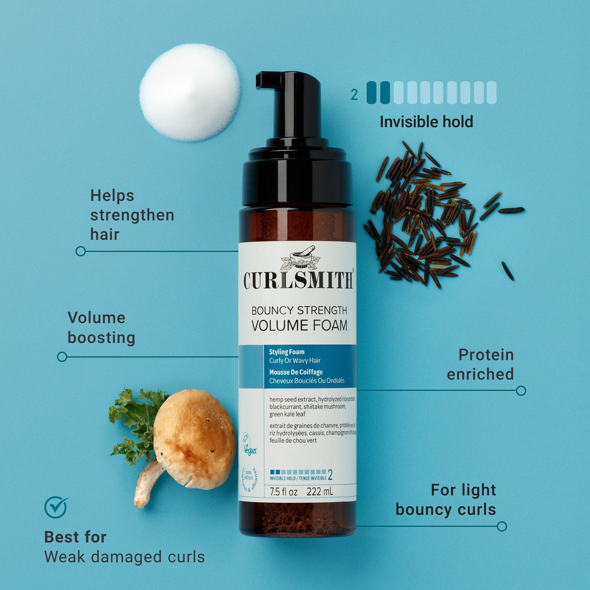 Curlsmith Bouncy Strength Volume Foam bottle with ingredients on a blue background