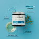 Curlsmith styling souffle jar with product features on a blue background
