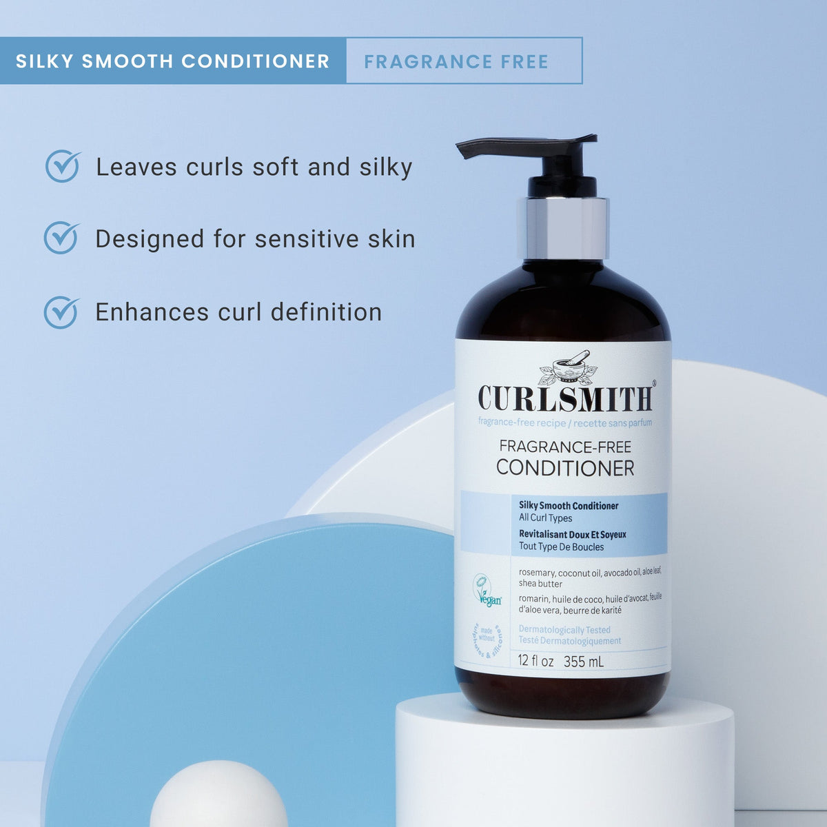 Curlsmith fragrance-free conditioner bottle with product features on a light blue background