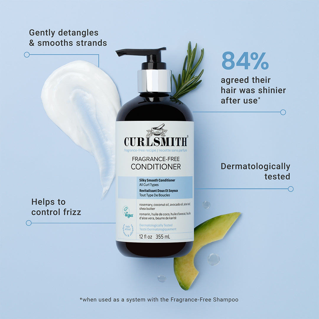 Curlsmith fragrance-free conditioner bottle with text highlighting benefits on a light blue background