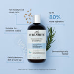 Curlsmith fragrance-free shampoo bottle with product features on a blue background