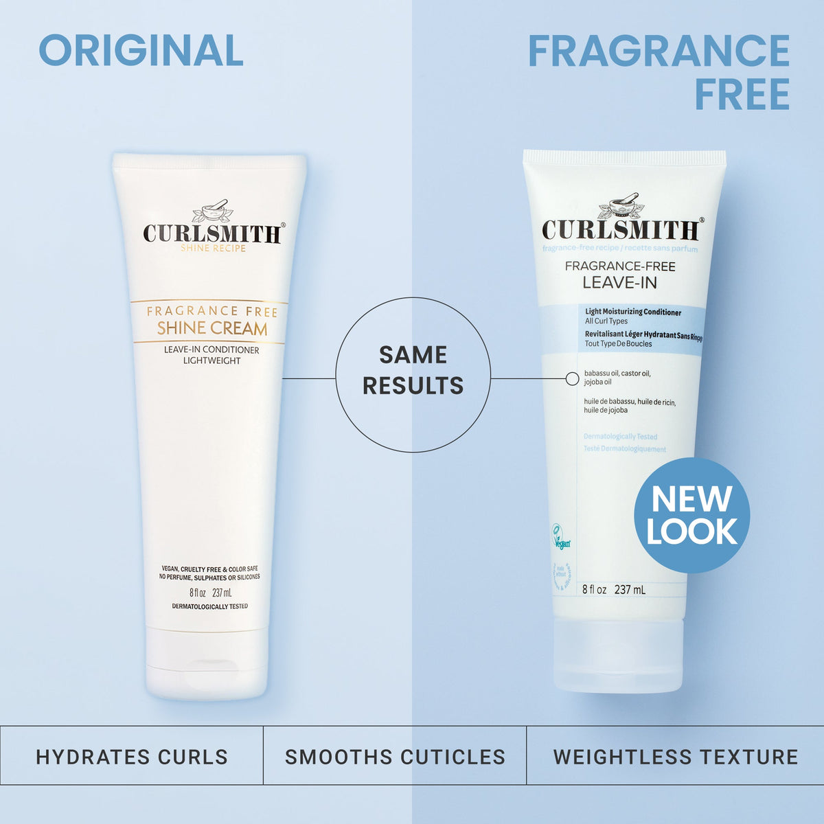 Two Curlsmith hair care products on a light blue background, one labeled 'Original' and the other 'Fragrance Free'.