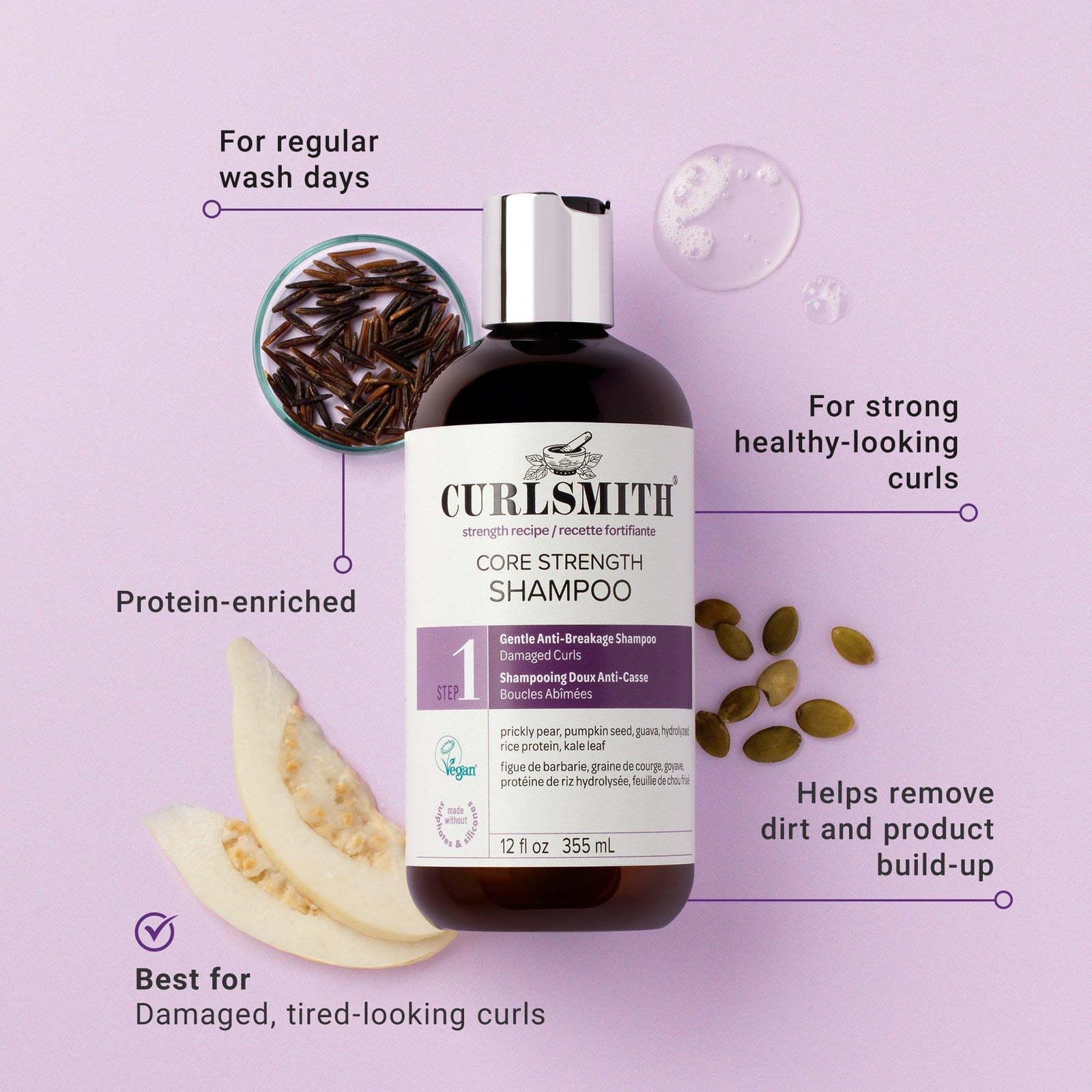 Curlsmith core strength shampoo bottle with ingredients and benefits on a purple background