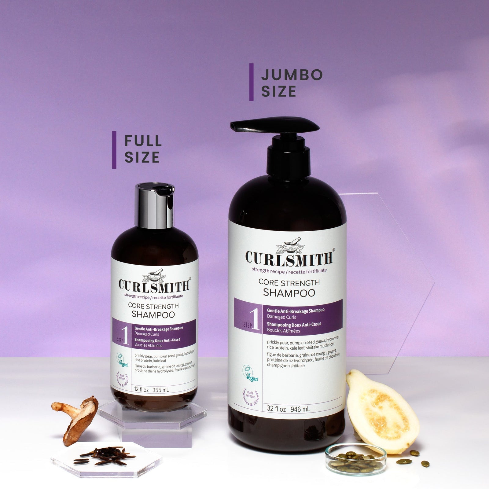 Two bottles of Curlsmith Core Strength Shampoo on a purple background