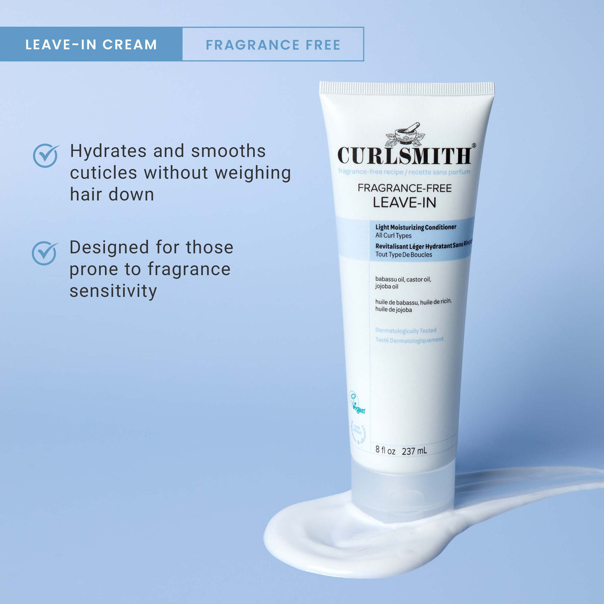 Curlsmith leave-in cream tube on a light blue background with product features listed.