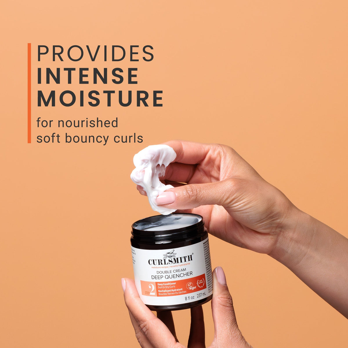 Person holding a jar of Curlsmith product with text about intense moisture on an orange background