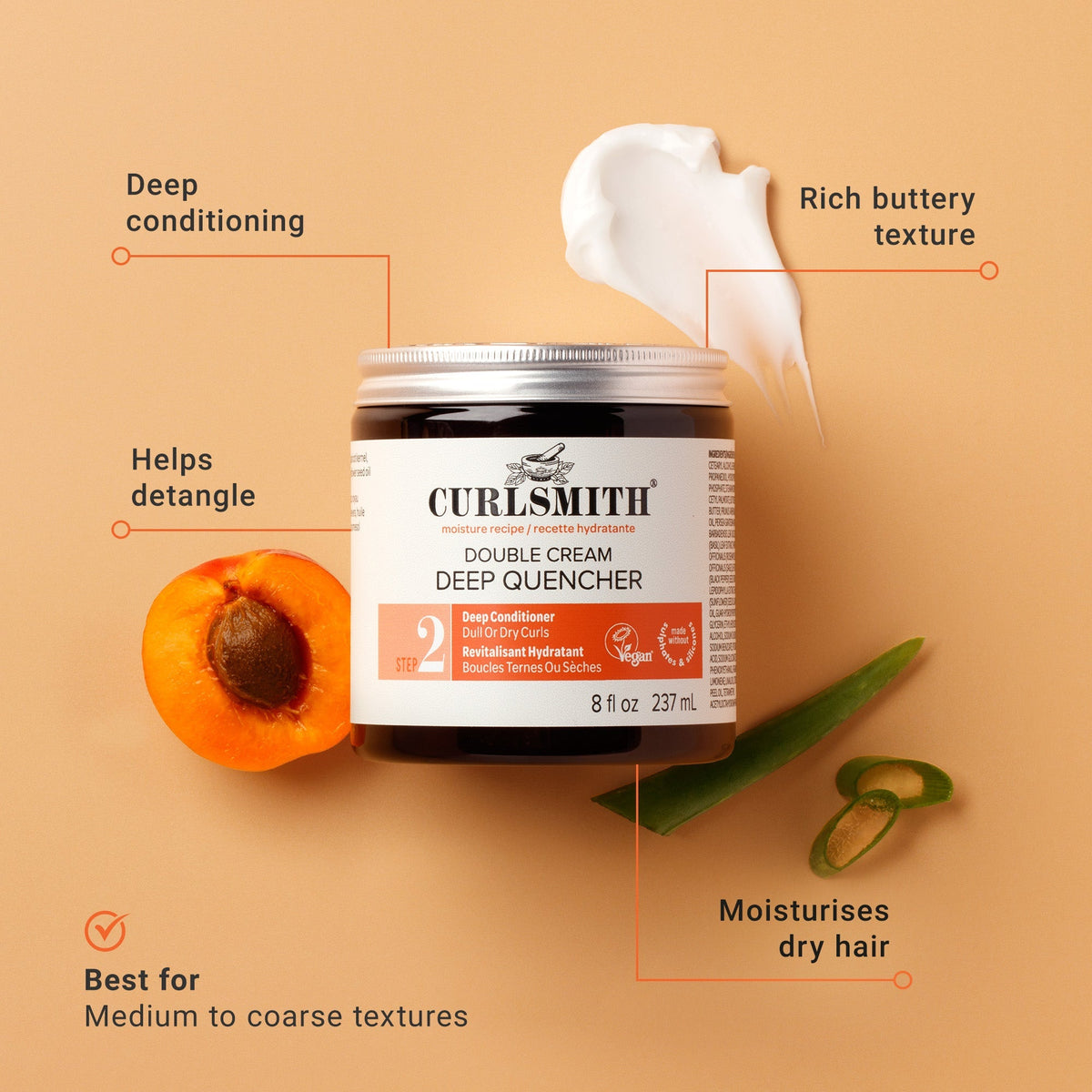 Curlsmith Double Cream Deep Quencher jar with apricot and jalapeño on a beige background