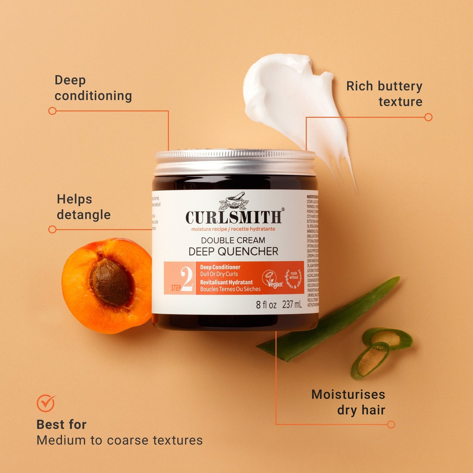 Curlsmith Double Cream Deep Quencher jar with apricot and jalapeño on a beige background