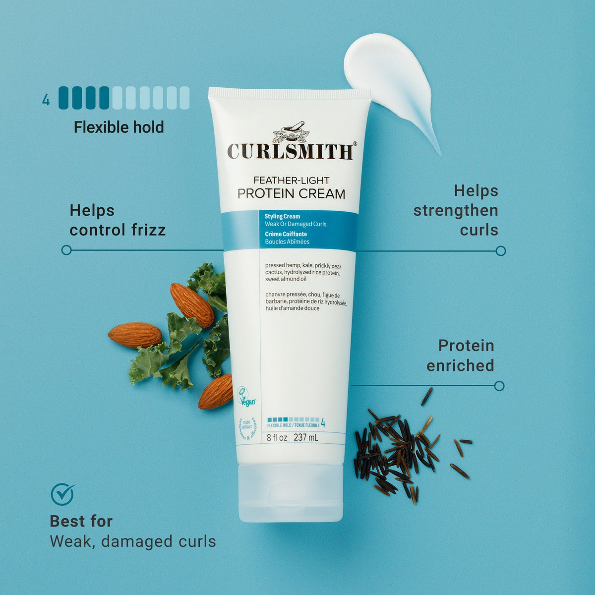 Curlsmith Feather-Light Protein Cream tube with ingredients on a blue background