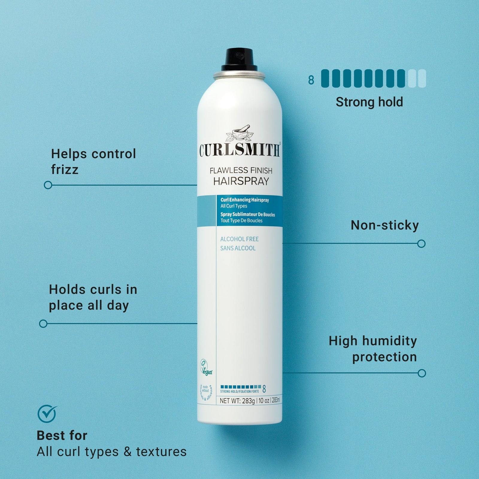 Curlsmith hairspray can with features listed on a blue background