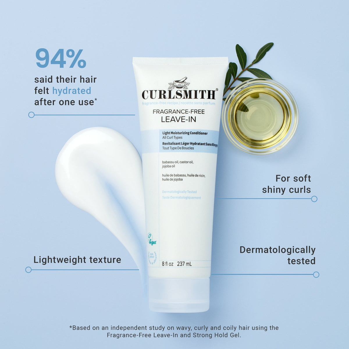 Curlsmith Fragrance-Free Leave-In product with text on a blue background
