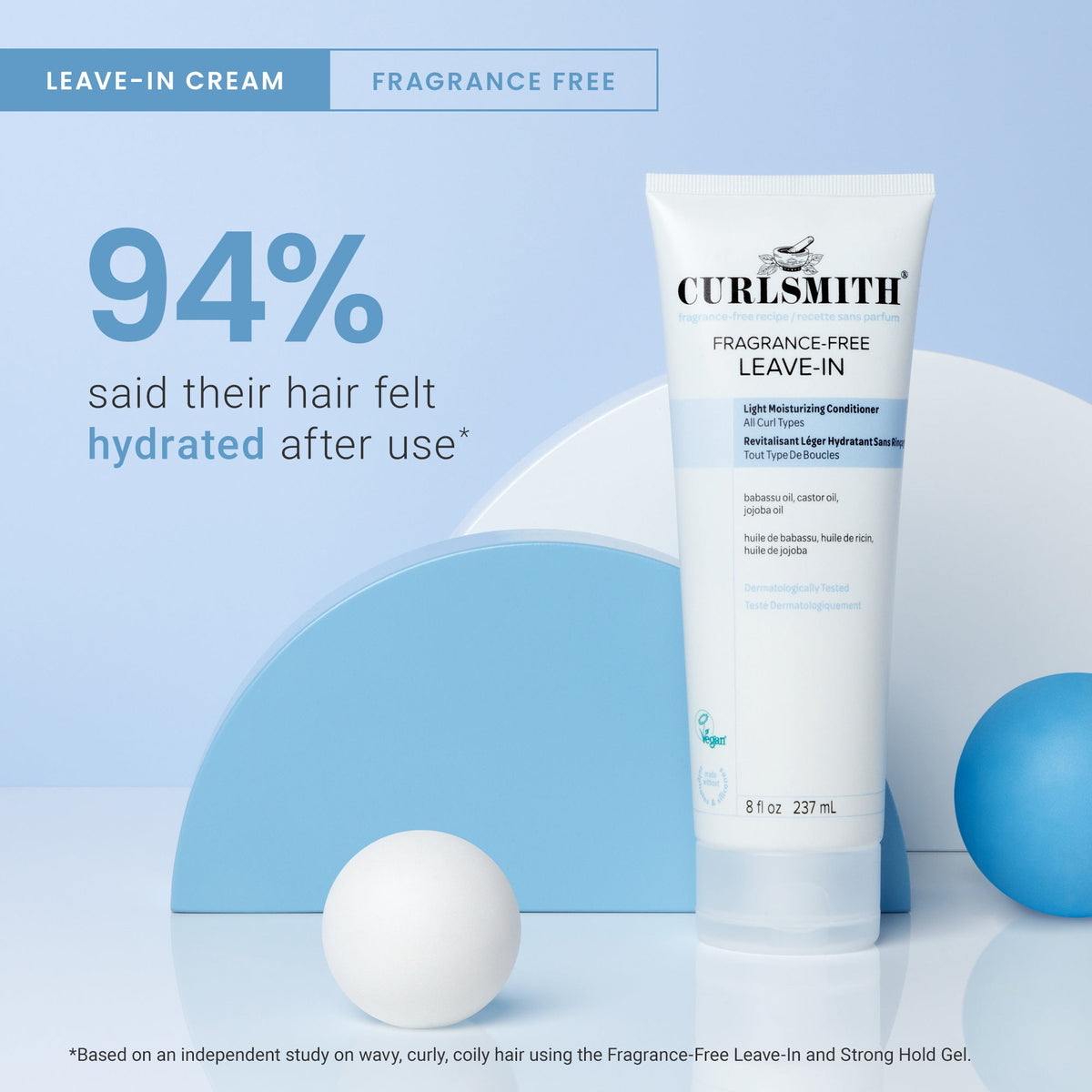 Curlsmith leave-in cream tube on a blue background with text about hydration.