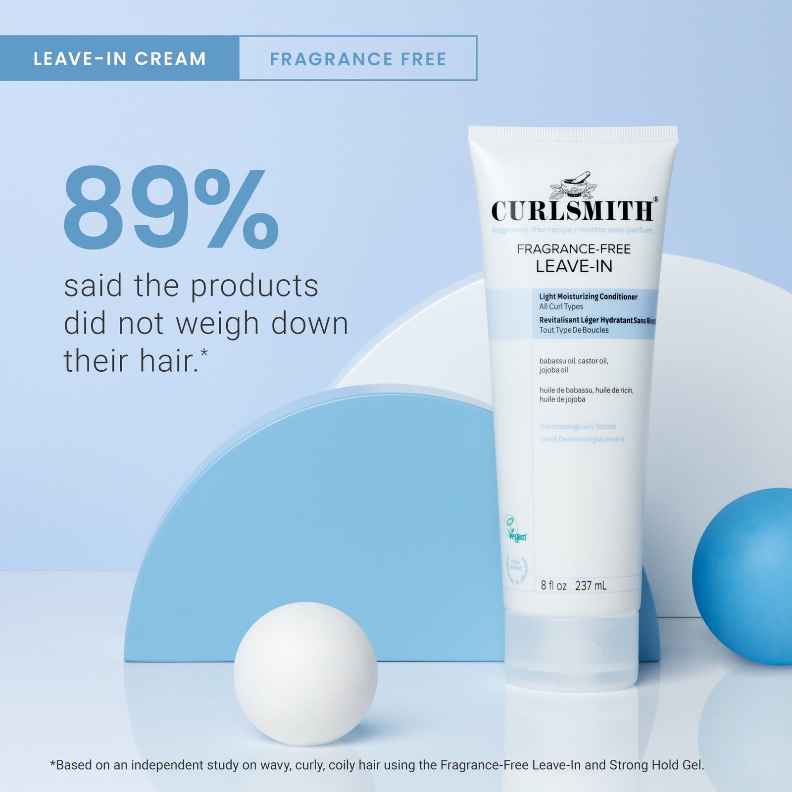 Curlsmith leave-in cream tube on a blue and white background with text about product effectiveness.