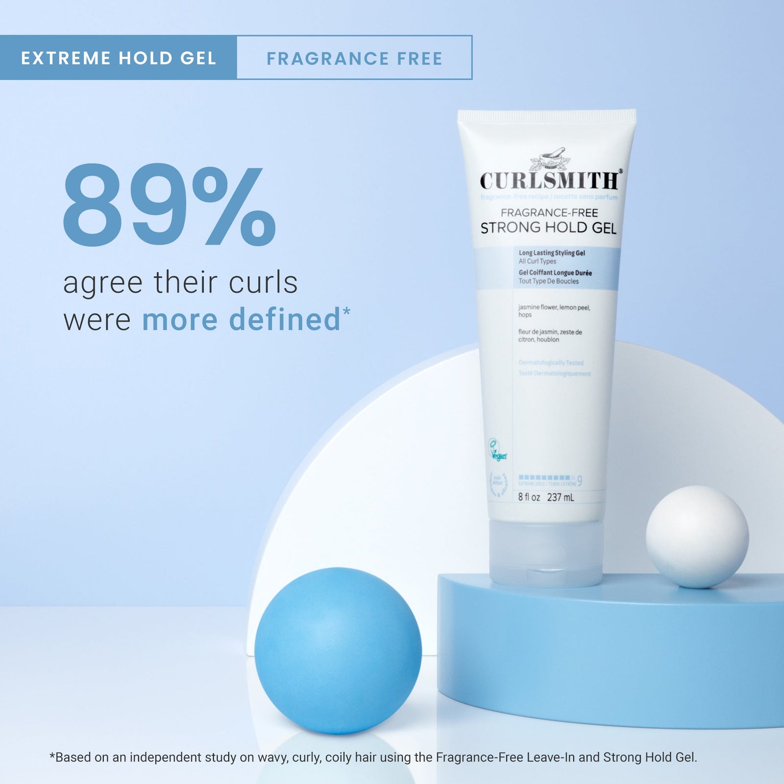 Curlsmith fragrance-free strong hold gel tube on a blue background with text about product effectiveness., Click to enlarge