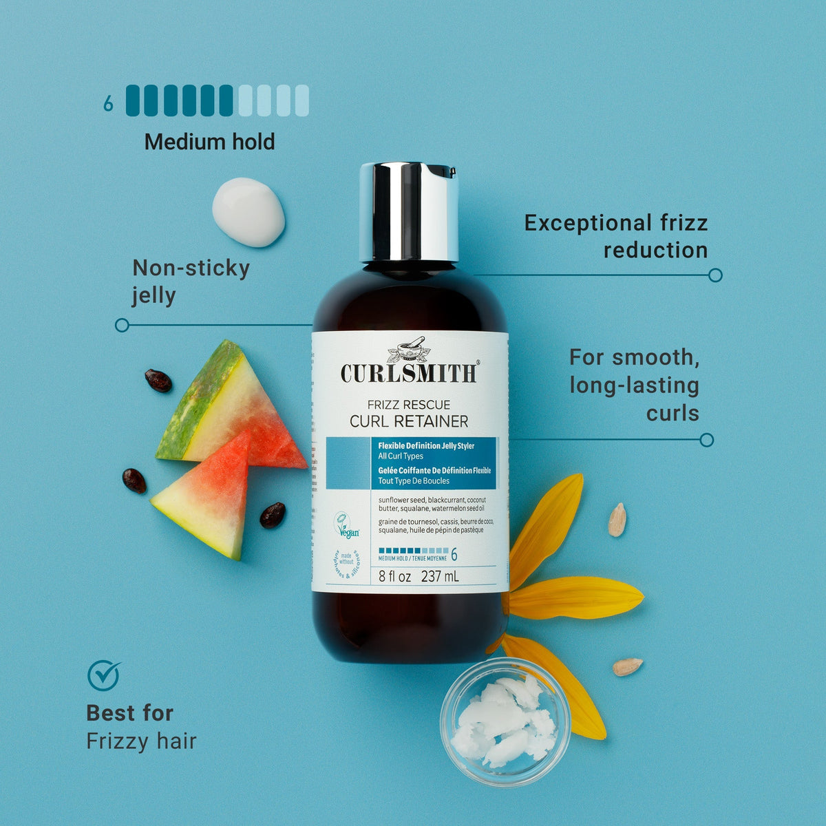 Curlsmith Frizz Rescue Curl Retainer bottle with features on a blue background