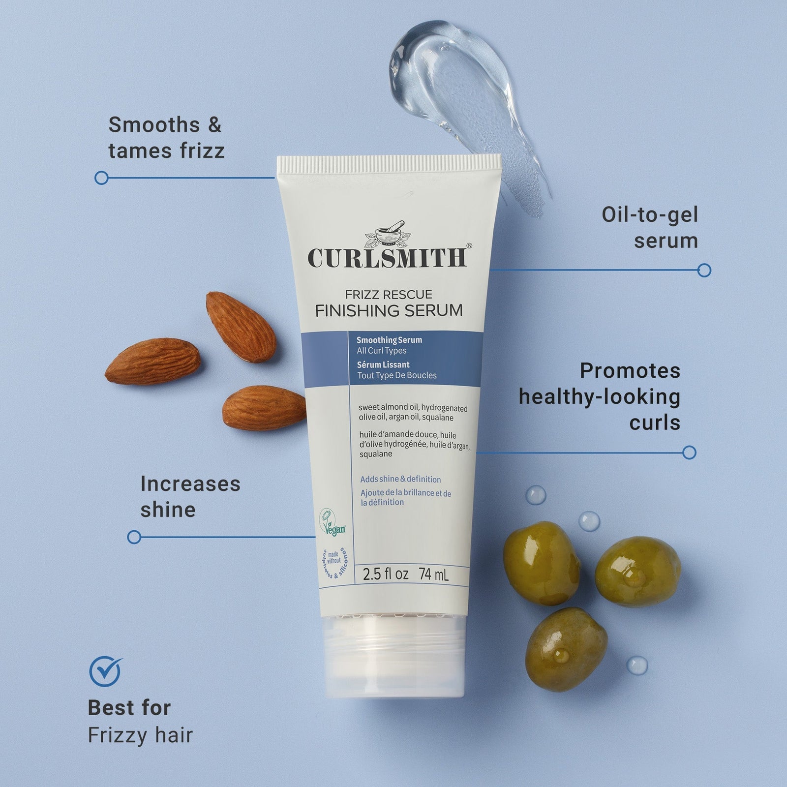 Curlsmith Frizz Rescue Finishing Serum with ingredients on a blue background, Click to enlarge