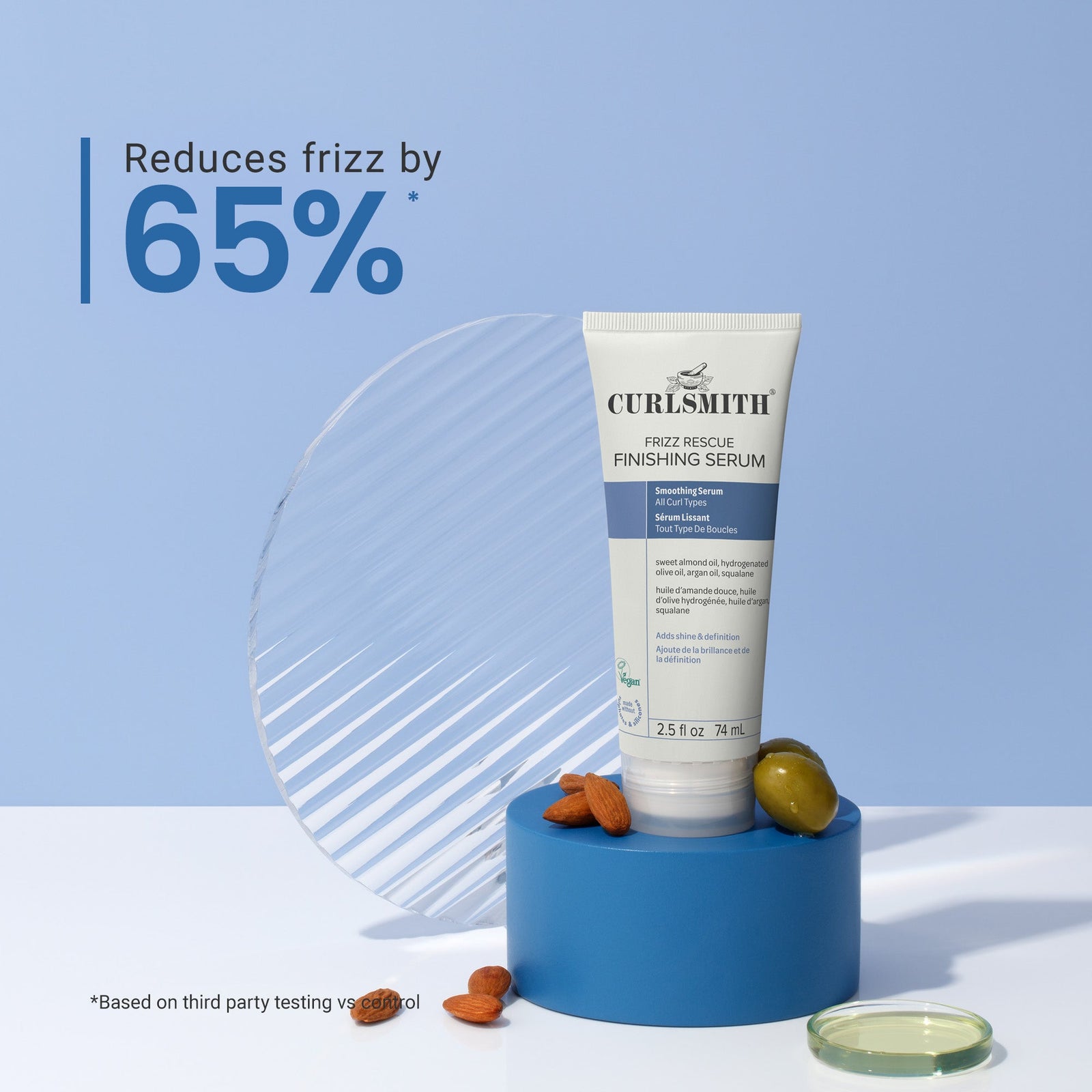 Curlsmith frizz rescue finishing serum on a blue pedestal with text indicating frizz reduction percentage., Click to enlarge