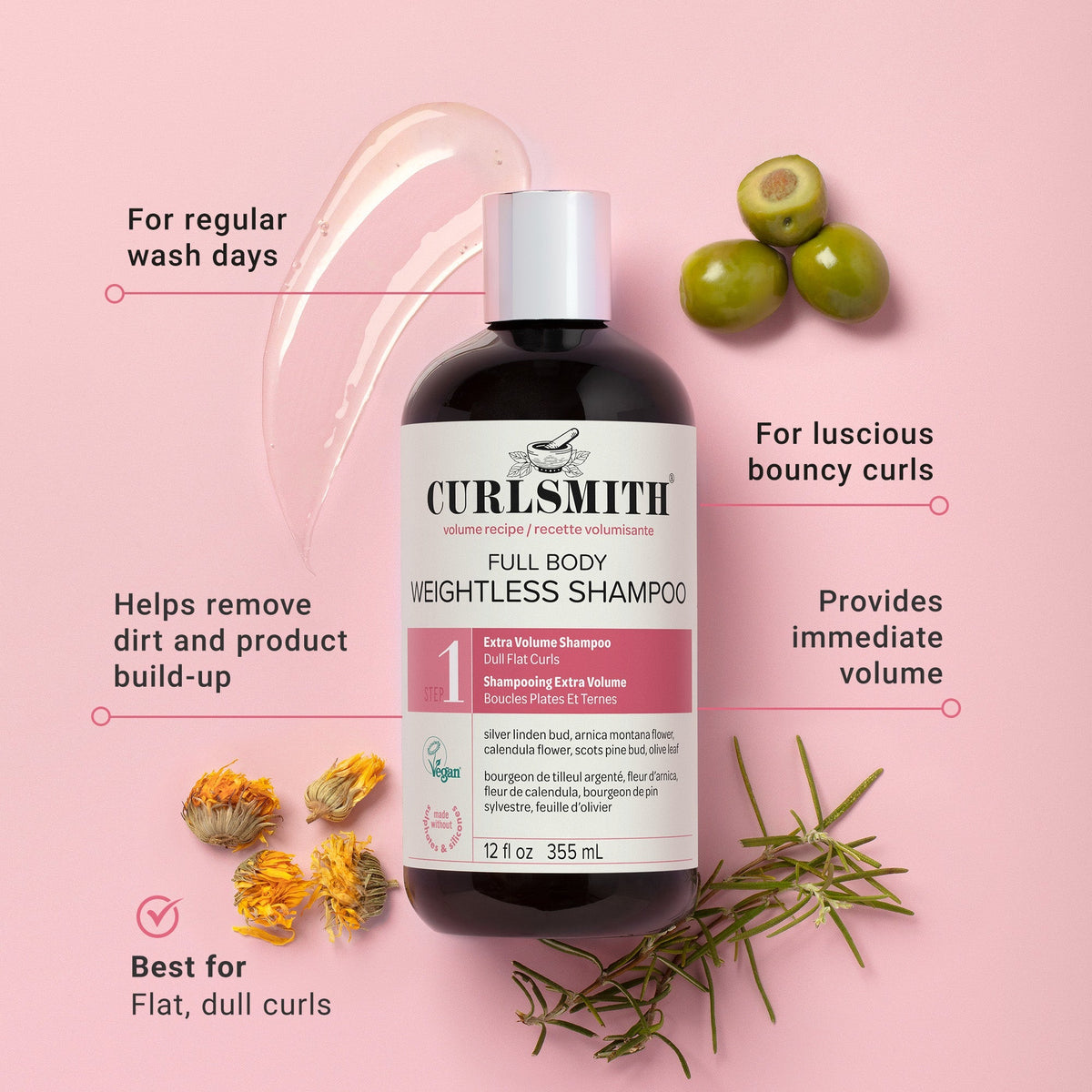 Curlsmith shampoo bottle with product features on a pink background