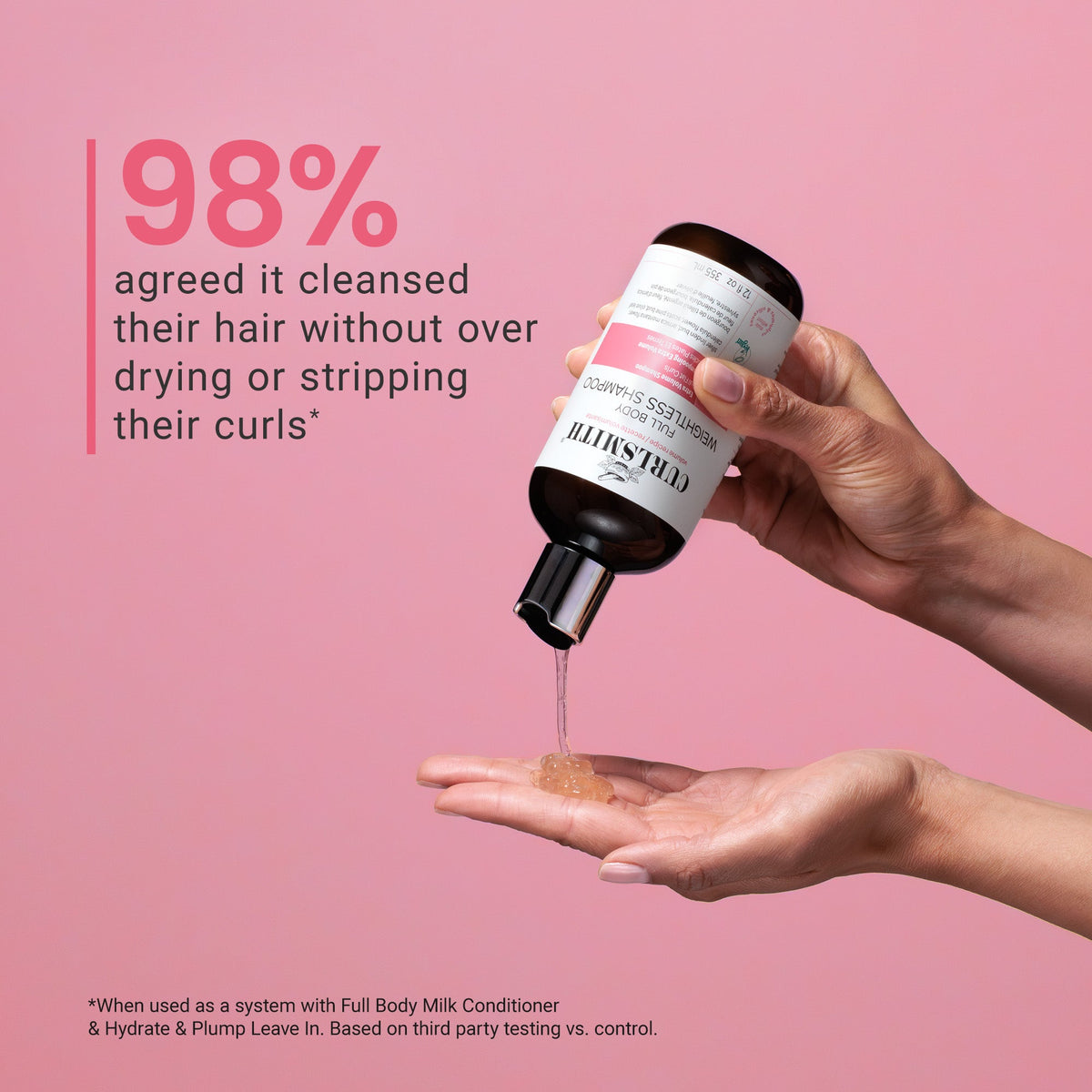 Bottle of hair care product being poured onto a hand with text on a pink background