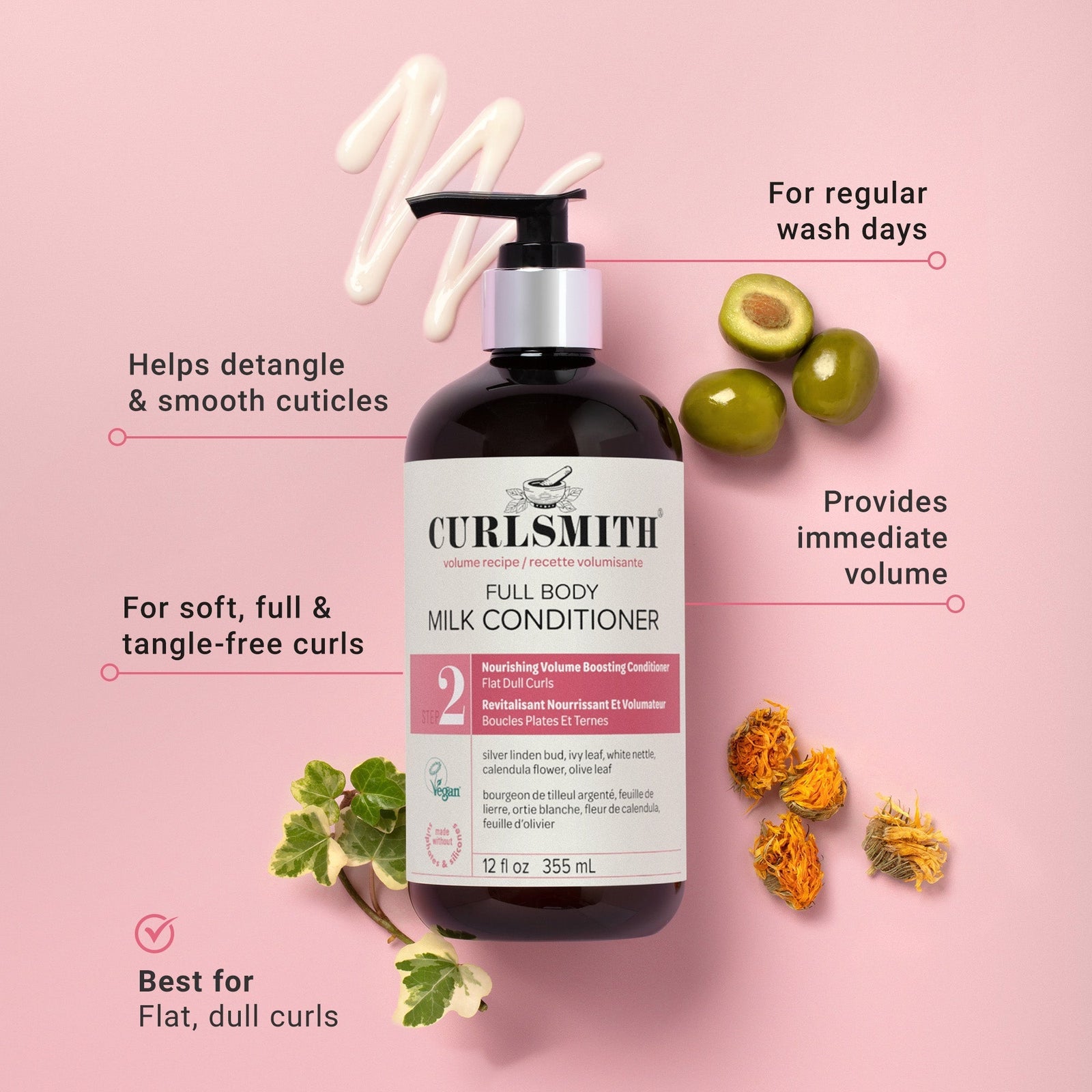 Curlsmith Full Body Milk Conditioner bottle with text on a pink background