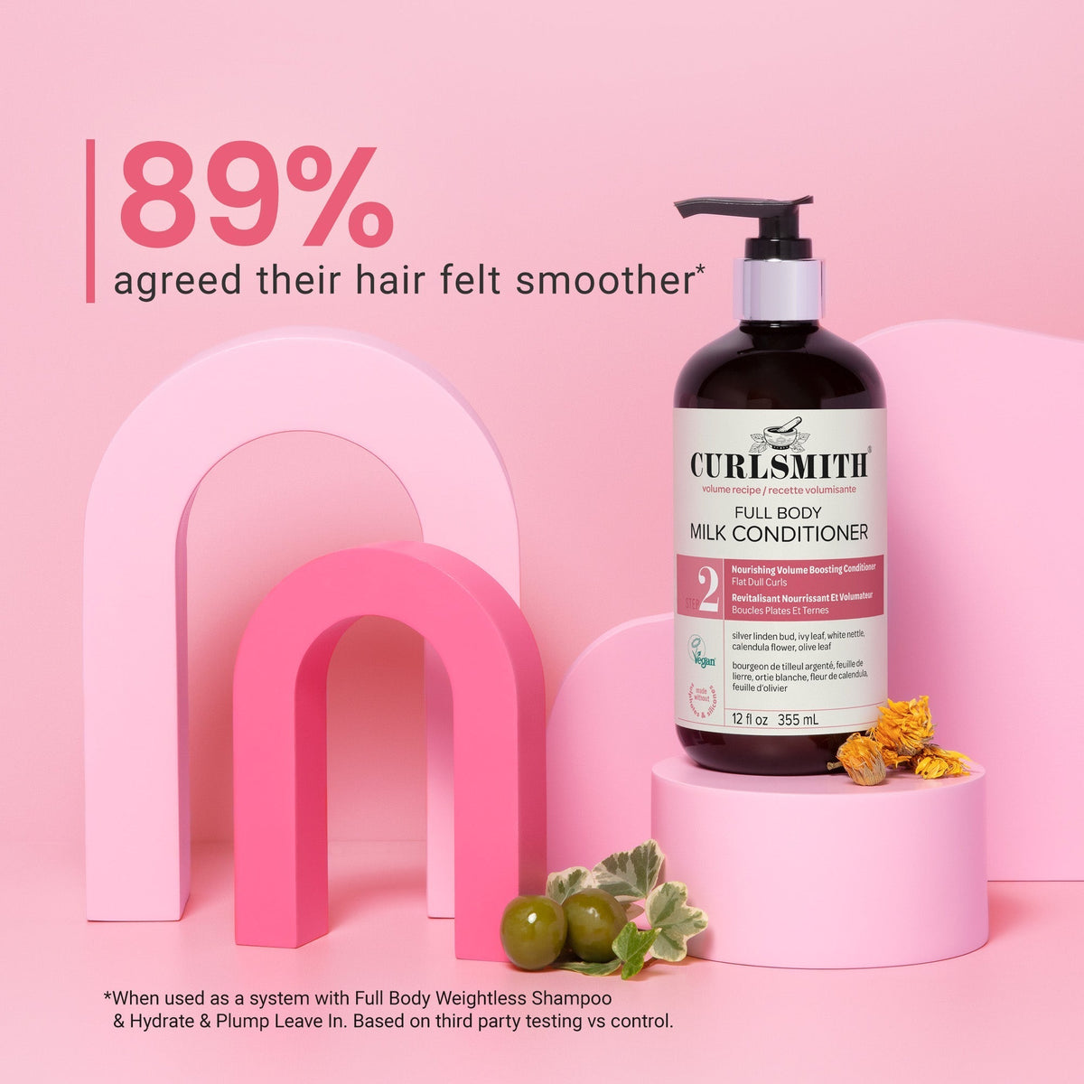 Curlsmith full body milk conditioner bottle on a pink background with text about hair smoothness.