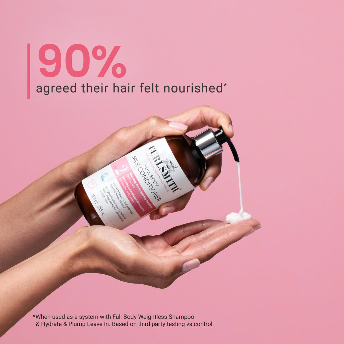 Hand holding a bottle of hair care product with pink background and text about hair nourishment.