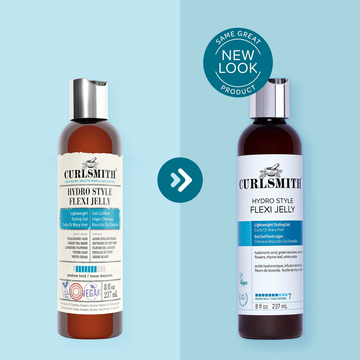 Two bottles of Curlsmith Hydro Style Flexi Jelly on a light blue background with a 'Same Great Product, New Look' badge.