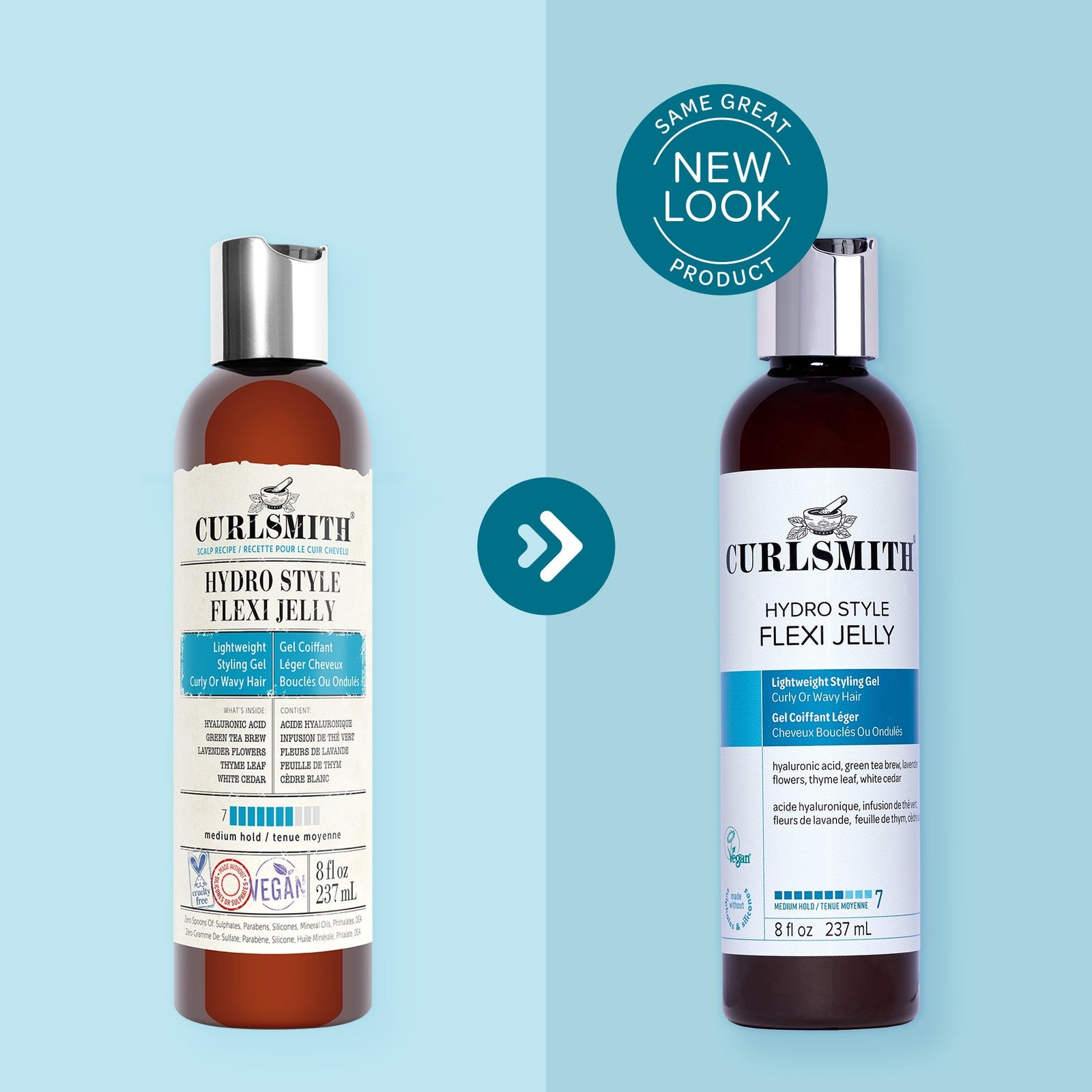 Two bottles of Curlsmith Hydro Style Flexi Jelly on a light blue background with a 'Same Great Product, New Look' badge.