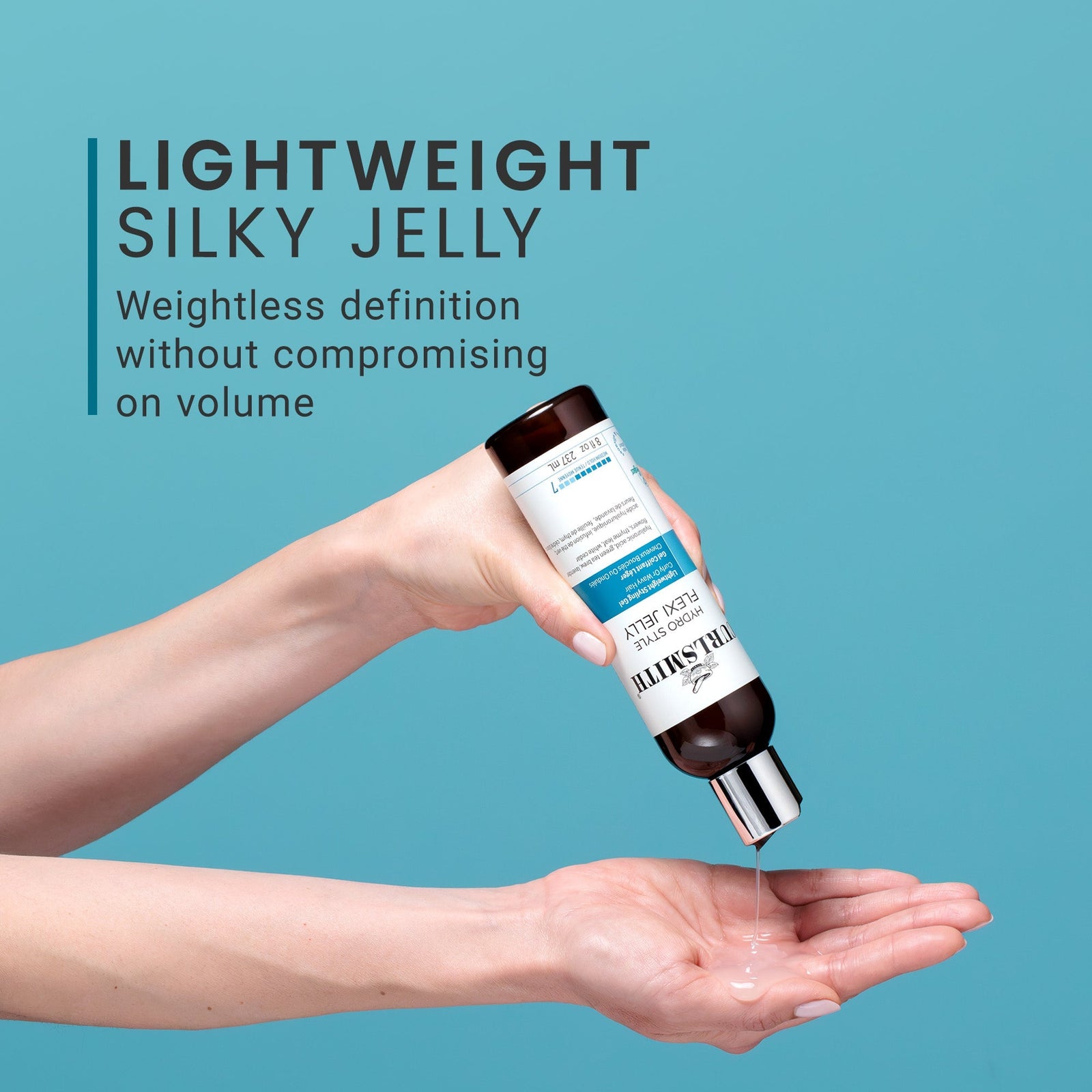 Hand holding a bottle of hair product with text on a blue background