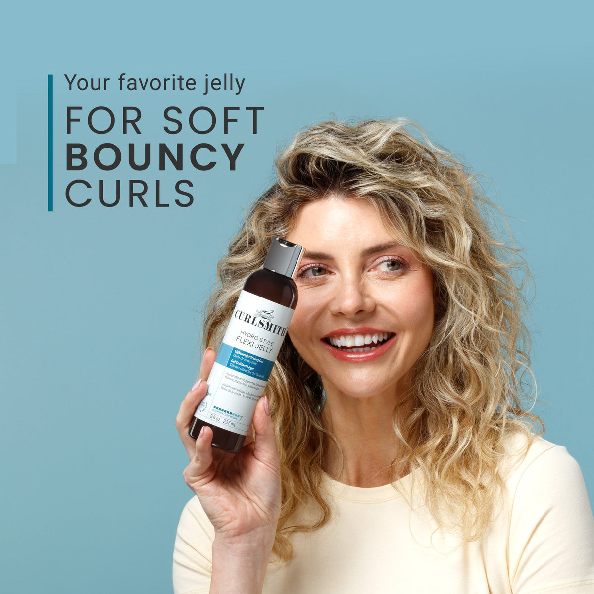 Woman holding a bottle of 'Furless' product with text about soft bouncy curls on a blue background
