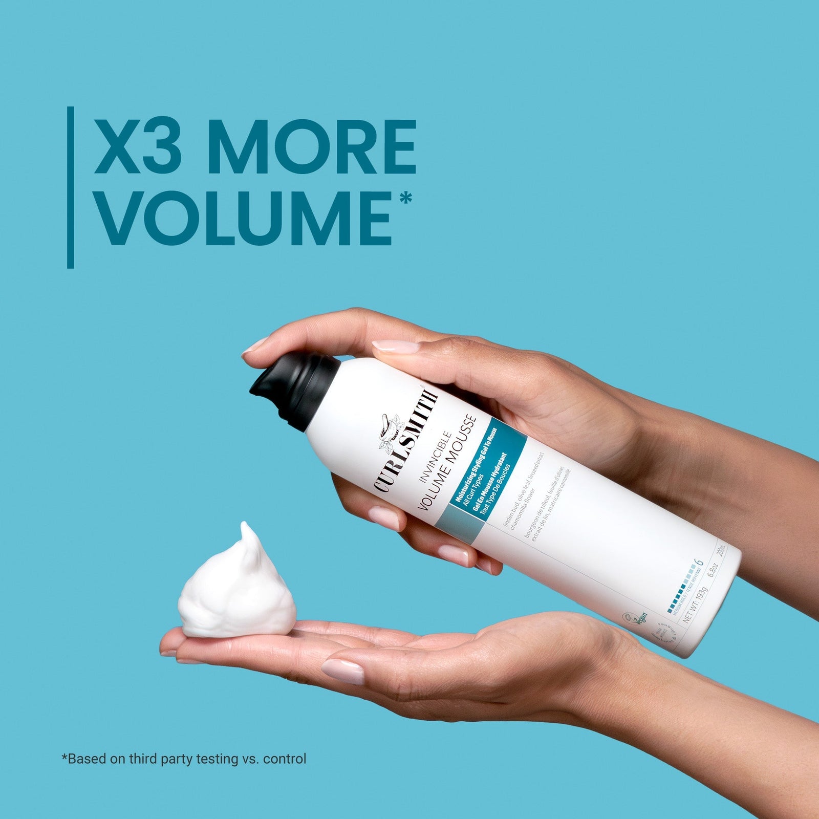 Hand holding a bottle of hair product with a small amount on another hand against a blue background, featuring text about volume increase.