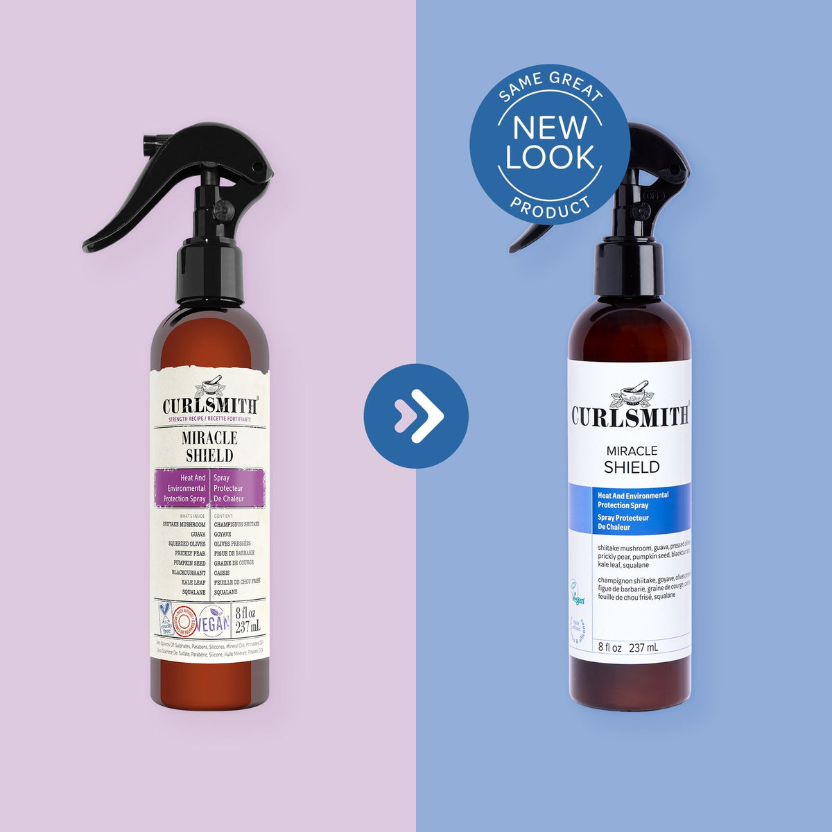 Two bottles of Curlsmith Miracle Shield spray with a 'Same Great Product, New Look' label on a purple and blue background.