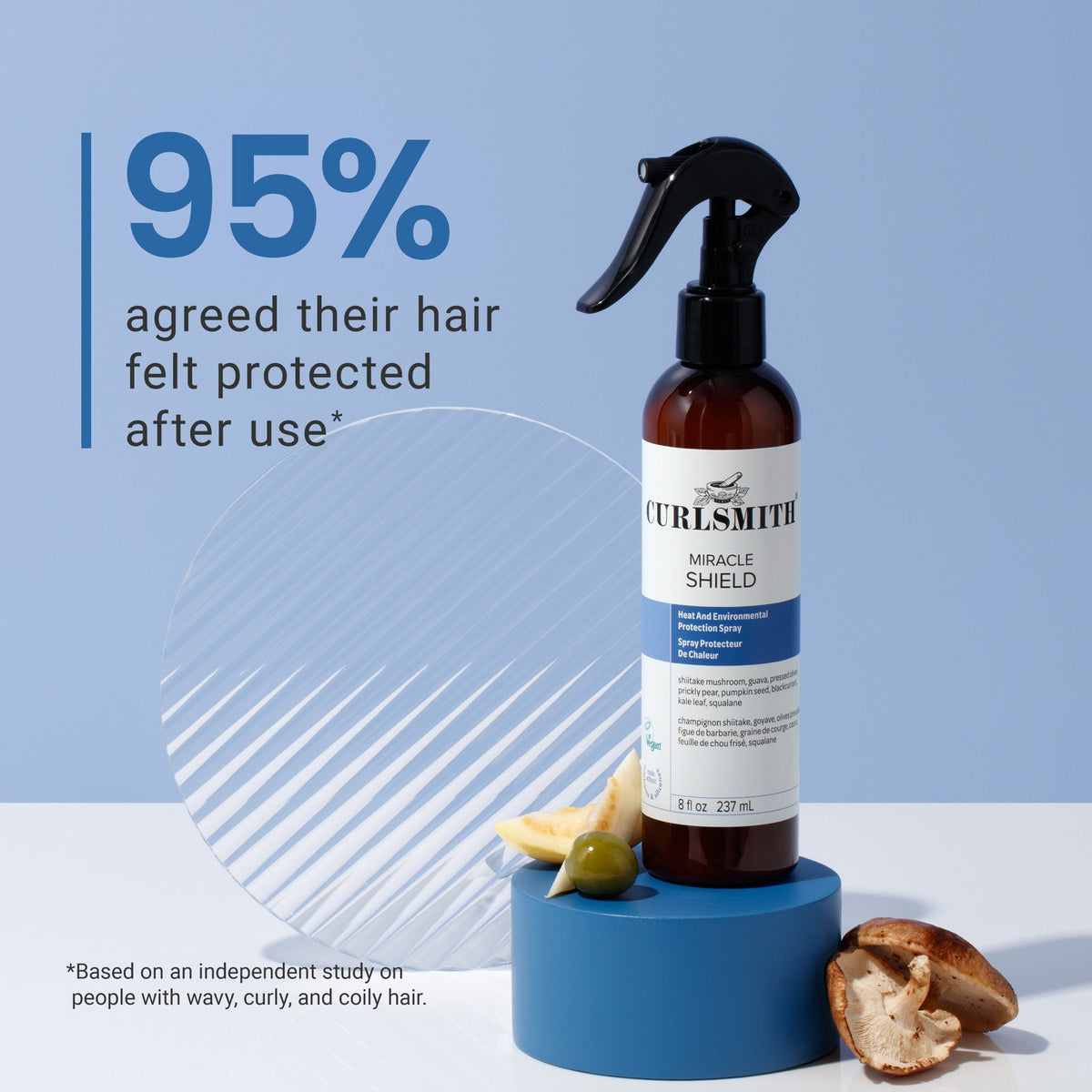 Curlsmith Miracle Shield hair product on a blue background with text about hair protection.