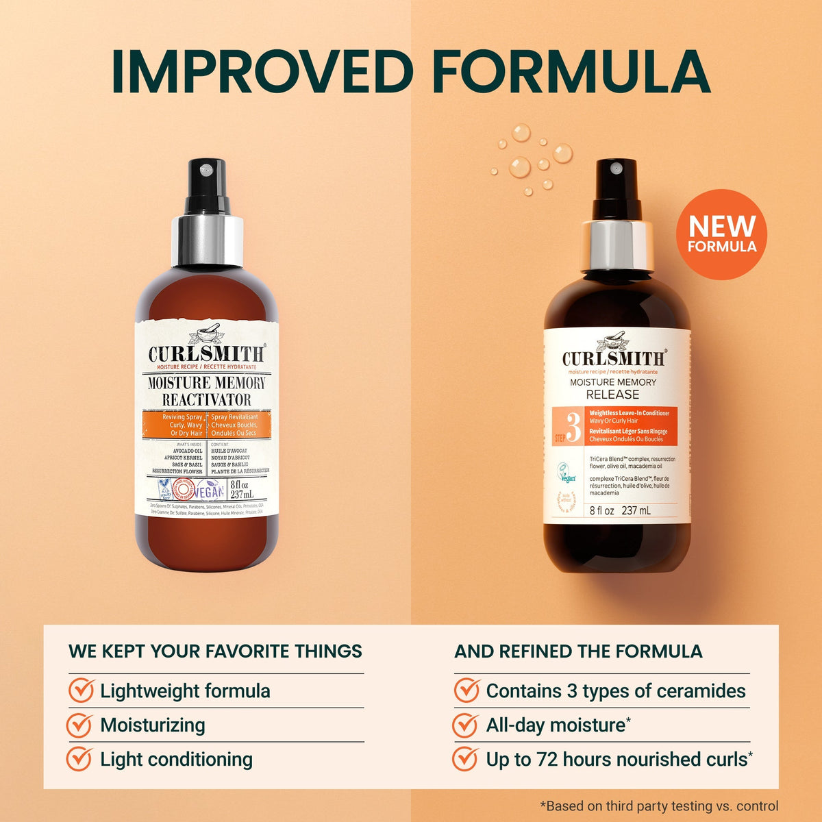 Two bottles of Curlsmith hair product with text about an improved formula on a beige background