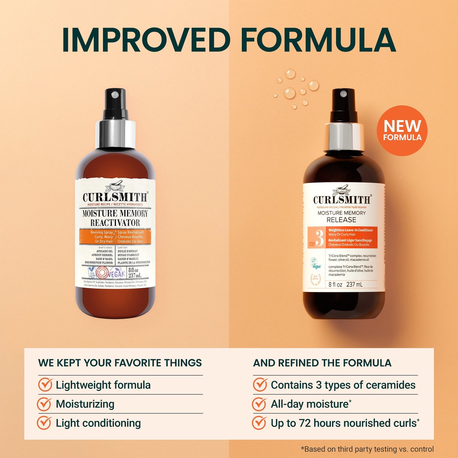 Two bottles of Curlsmith hair product with text about an improved formula on a beige background